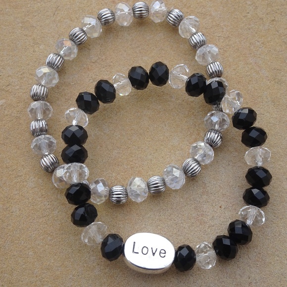 Artisan Jewelry - Set of 2 Clear & Black Beaded Love Bracelets